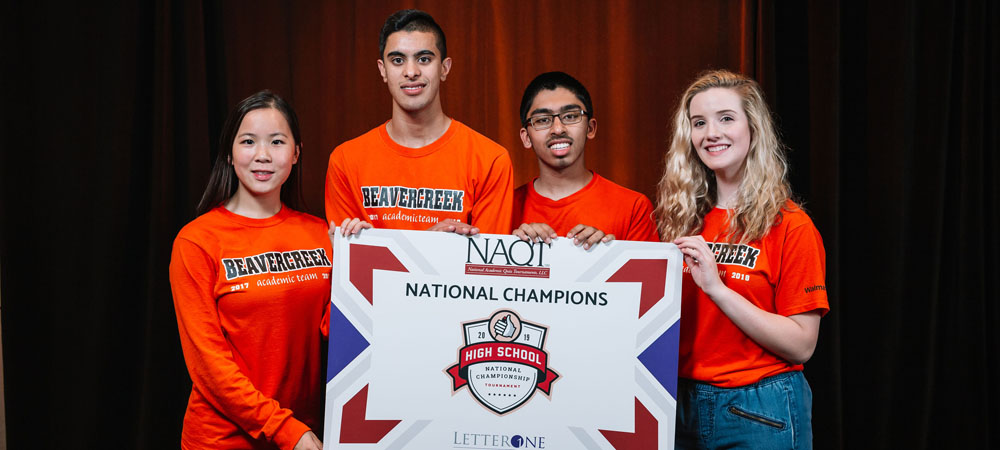Beavercreek High School with their first-place trophy from the 2019 High School National Championship Tournament, powered by LetterOne